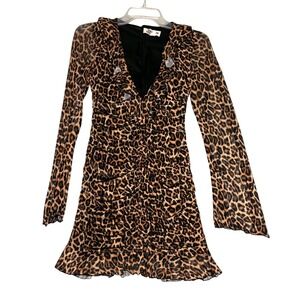 Tiger Mist Leopard Ruched Mini Dress M Long Sleeve Deep V Bodycon